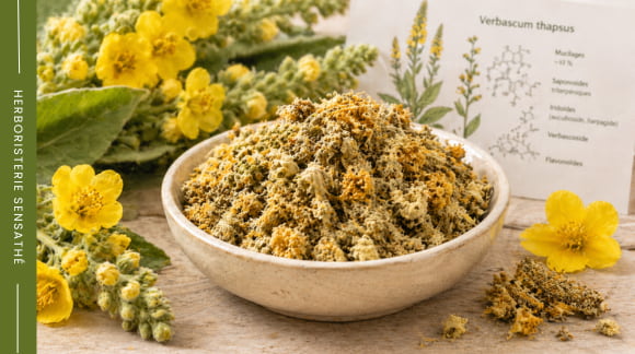 Fleurs de bouillon-blanc séchées utilisées en phytothérapie pour les voies respiratoires - Herboristerie Sensathé Fleurs de bouillon-blanc séchées utilisées en phytothérapie pour les voies respiratoires - Herboristerie Sensathé